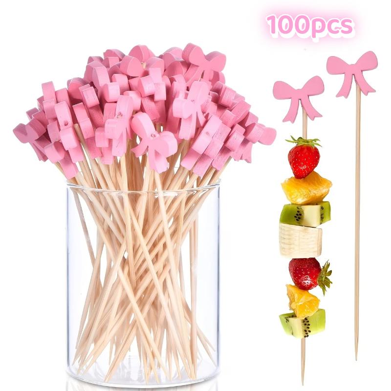 Centerpiece Stick - 木製ボウカクテルピック 100本入り 使い捨て竹製フルーツスキュワー 無毒 おつまみ デザート