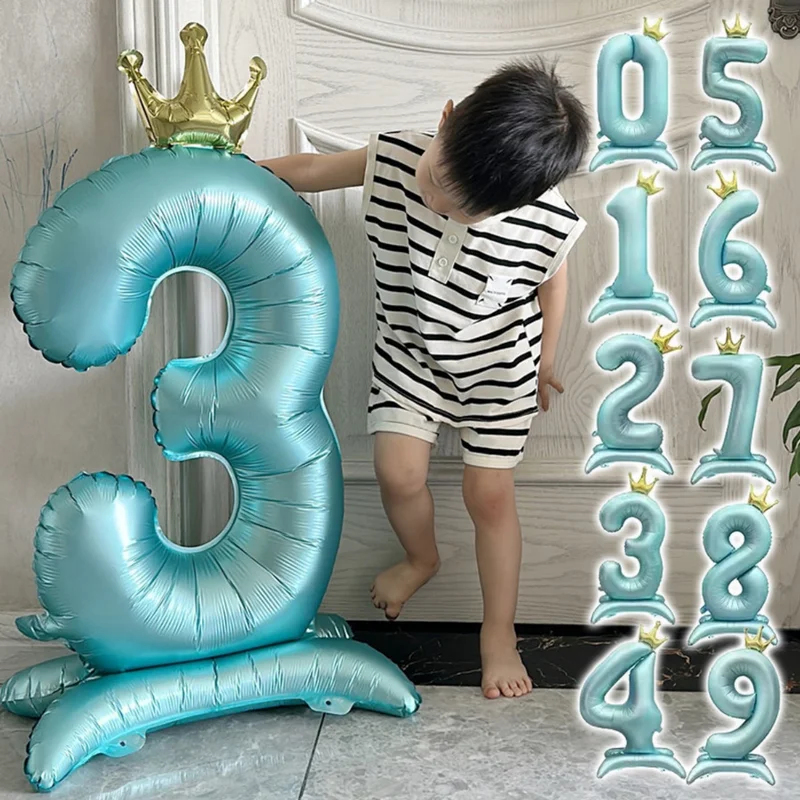 Balloon Pump Hand - 42インチ 0-9 ブルークラウンナンバーバルーン プリンセステーマ ハッピーバースデーパーティー 子供