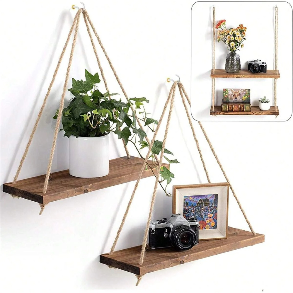 Flower Wall Panel - 木製吊り棚1セット、スイング式麻縄壁掛け棚、フローティングホームリビングルーム、植物、植木鉢、トレイ収納