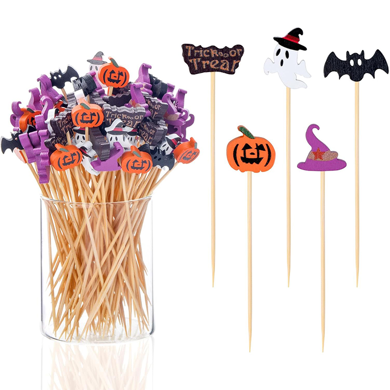 Centerpiece Stick - 50/100本入り ハロウィンパーティー用つまようじ 使い捨て竹製スティック パンプキンゴースト フルーツフォーク ケーキ