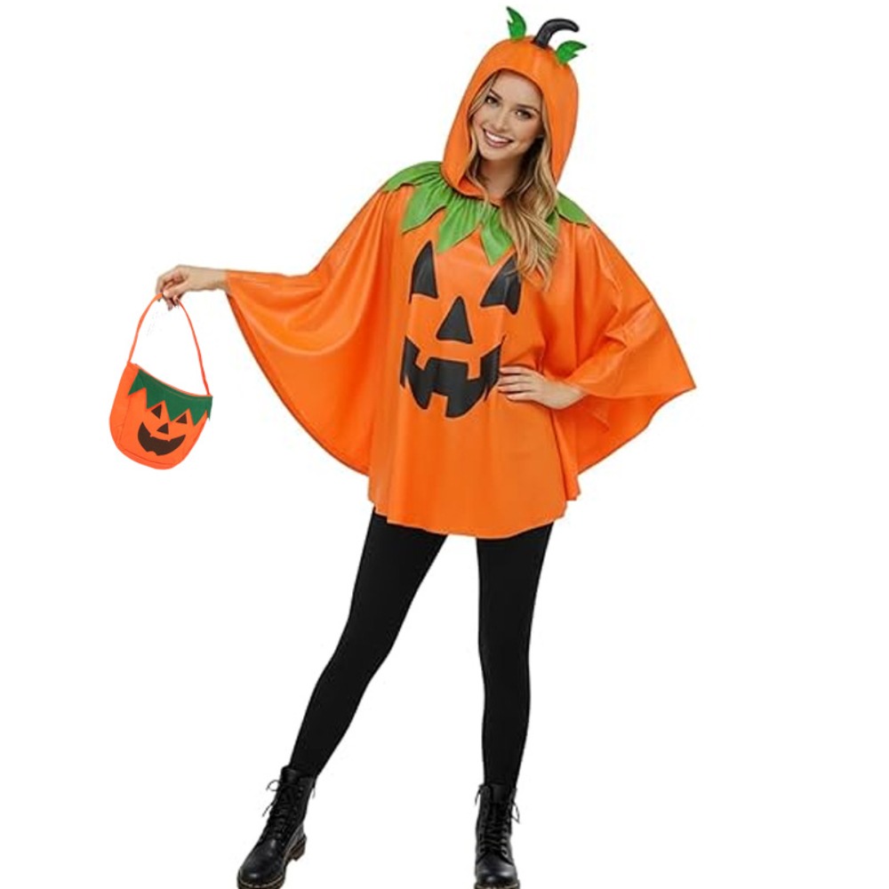 大人用ハロウィンホーン付きフード付きパンプキンケープマント、 - Party Favor Bag のレビューと価格