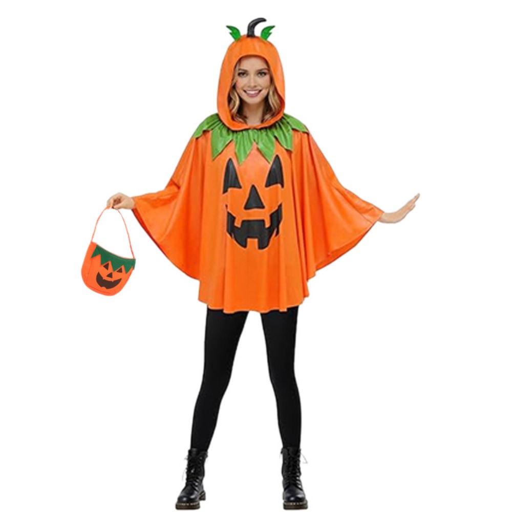 大人用ハロウィンホーン付きフード付きパンプキンケープマント、 - Party Favor Bag のレビューと価格